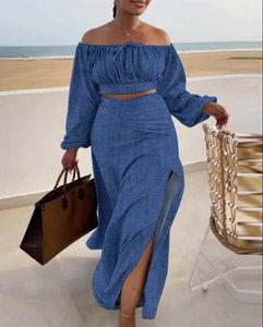 Work Dresses 2023 Top Quality Young Sexy Bohemain Beach Holiday Slash Neck Full Sleeve Long Pencil Skirts Skinny Women 2 Piece Set