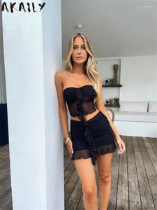 Work Dresses Akaily Summer Black Mesh Strapless 2Two Piece Mini Skirt Set Vacation For Women 2023 Off Shoulder See Through Crop Top