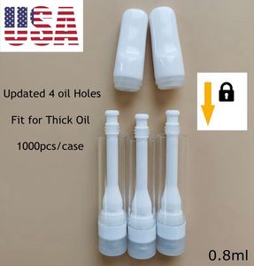 USA Stock Cartuccia in ceramica piena da 0,8 ml Atomizzatore interamente in ceramica da 510 fili Aggiornato 4 fori per olio spesso Carrelli Vassoio in schiuma per penna vuota Imballaggio Consegna locale in 2-5 giorni