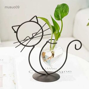 Vases Cat Shape Hand Welded Vases High Temperature Baking Paint Hydroponic Glass Heart Vase With Metal HolderL24