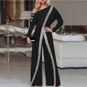 Women's Jumpsuits Rompers Women's Jumpsuit 2023 Autumn Fashion Rhinestone Cold Shoulder Elegant Plain Long Sleeve Wide Leg Work Long Jumpsuit Office Lady T231023