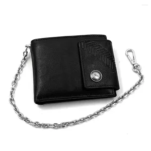 Carteiras ID Card Wallet Men's Biker Black Leather Money Purse com corrente segura