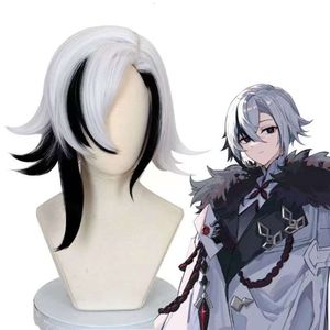 ゲームGenshin Impact Fatui Arlecchino Knave Wig 45cm Short sier White Halloween Party Cosplay Costume for Women Man