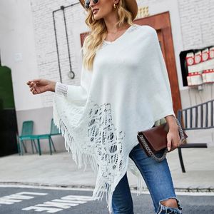 Mulheres Cape Mulheres Jaquetas Outono Inverno Mulheres Suéteres Poncho Tricô Capes Manto Suéter Com Decote Em V Irregular Hem Borlas Casaco Solto Pulôveres De Malha 231023