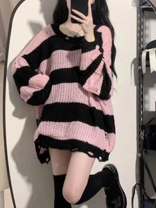 Damenpullover Damen Rosa Strickpullover Damen Ripped Hohl Gestreifter Pullover Harajuku All Match Lose Y2k Ästhetisch Gestrickt