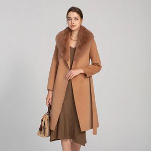 Women's Wool Blends Elegant Women Real Wool Coat with Real Fur Collar Lady's Fashion Chic Jacket Belt Long Sleeve Pockets S3608 231021