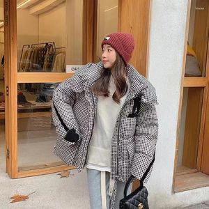 Women's Trench Coats Houndstooth Hooded Puffer Jacket Women Winter Windproof Thickened Down Cotton Vintage Warm Parka Long Sleeve Korean