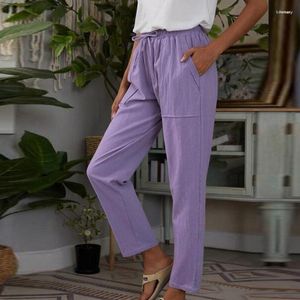Kadınlar Pantolon Kadın Bahar Vintage Cep Pamuk Keten Uzun Ofis Lady Gevşek Pantolon Katı Çizme Elastik Bel Düz