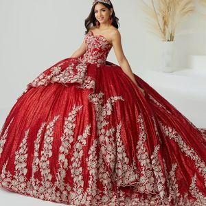 Luxury Red Mexican Quinceanera Dresses Ball Gown 2024 Beaded Gold Applicies spets Sweet 16 Dress Lace-up Vestidos de 15 Anos