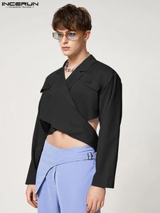 남성용 캐주얼 셔츠 Incerun Tops American Style 남자 패션 플랩 크로스 스트랩 슈트 캐주얼 남성 단단한 단단한 짧은 긴 소매 블레이저 S-5XL 231023