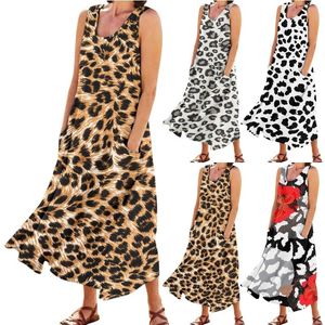 Vestidos casuais sexy leopardo algodão linho longo para mulheres verão sem mangas boho praia sundress solto tanque maxi vestido com bolso vestido