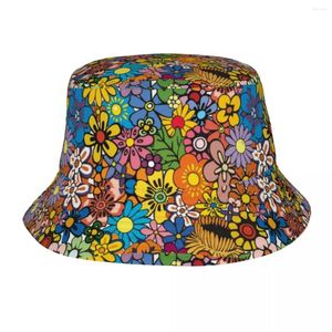 Berets personalizado retro hippie flor margarida padrão balde chapéu mulheres moda verão praia sol pescador boné