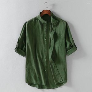 Camisas casuais masculinas verão gola alta camisa de manga curta algodão linho botão solto cores sólidas baggy topos masculino