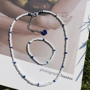 Collana Orecchini Set Lady Boho Bracciale con perline di riso blu in due pezzi Gioielli con perline bianche in due pezzi