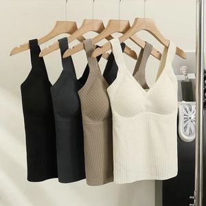 Camisoles Tanks Skinny Sexy Crop Tops Woman Elegant V-Neck Chic Women's Tanks och Camis Pleated Tank Top Built i BH Casual Drop 231023