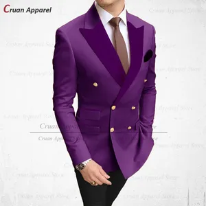 Men's Suits Luxury Gold Buttons Suit 2Pcs Slim Fit Wedding Man Groom Tuxedo Double Breasted Purple Velvet Lapel Blazer Pants Set