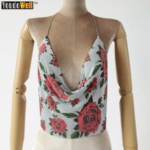 Camisoles Tanks V Neck T-shirt Sexiga babes Wrapped Chest Metal Sequin Tank Rose Pattern Nightclub Music Festival Party Tops For Women S 231023