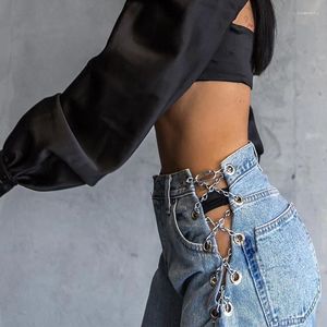 Jeans da donna Donna sexy Scava fuori Pantaloni a gamba larga da donna Bottoni laterali a catena incrociata Pantaloni a vita alta in denim 2023 Primavera Corea Pant