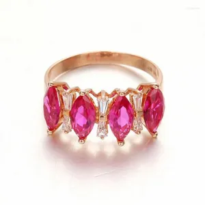 Anéis de cluster 585 roxo ouro cavalo-olho vermelho gem anel para mulheres romântico criativo banhado 14k rosa high end arco design jóias de noivado