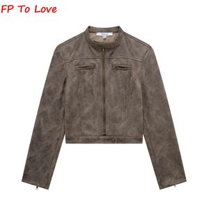 Women's Leather Faux Leather Faux Suede Leather Bomber Jacket Vintage Brown Coat Chic Zipper Short Outfit Woman Streetwear 231023