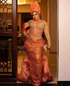Orange ebi blygsamma aso klänningar 2024 ren nack spets applikation afrikansk prom klänning långa ärmar svarta flickor briidal gäst aftonklänningar