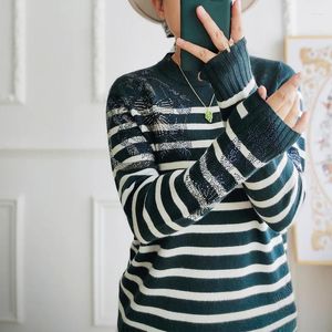 Women's Sweaters Green Stripe Butterfly Drilled Cashmere Sweater Long Sleeve Round Neck Outer Knitted Autumn