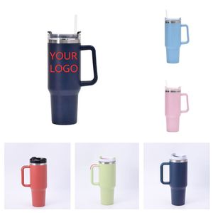 Caneca com logotipo personalizado 40oz, copo com alça, garrafa de água pessoal personalizada, tampas, palha, aço inoxidável, copo termos de café