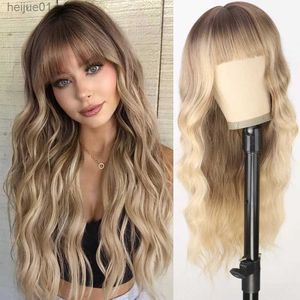 Synthetic Wigs Synthetic Brown Mixed Blonde Wig with Bangs Long Black Natural Wavy Hair Wig for Women Daily Cosplay Use Heat ResistantL231024