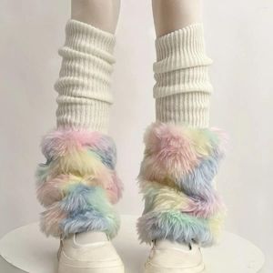 Women Socks Cute Colorful Rainbow Leg Warmer Plush Imitation Fur Japanese Knitted Over Knee Tube Winter Warm Long Cover