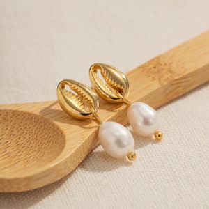 Dangle Earrings Punk Trend Natural Freshwater Pearls Pendant Drop For Women 18K Gold Plated Seashell Stud Elegant Bride Wedding Jewelry