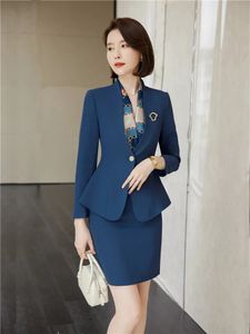 Women's Suits Blazers Fashion Women Skirt Sets Autumn Blue Beige Black Long Sleeve Blazer Business Suit Elegant Office Lady 2 Pieces Sets 231024