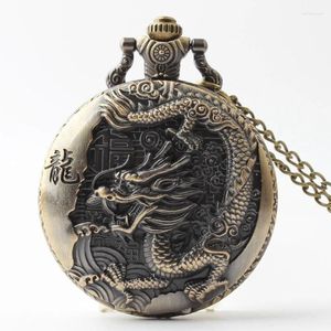 Relógios de bolso Chegada 50 pçs/lote Vintage Bronze Chinês Dragão Flip Relógio de Quartzo Colar Corrente Presente de Natal Atacado