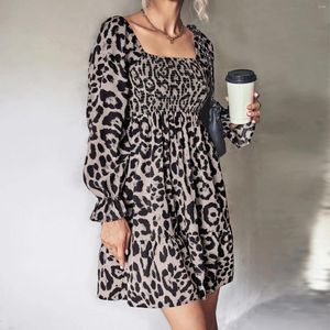 Casual Dresses Autumn Square Collar Dress Women Fashion Leopard Print Midi Long Sleeve Front Flowy A Line High Waist Party