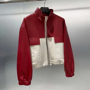 Echte Lederjacke für Damen, Stehkragen, Damenmantel, Frühling, rot-weißer Splice, Drop-Shoulder-Ärmel, Import aus echtem Schaffell