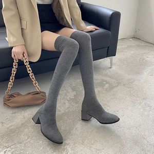 Boots Thigh High Shoes Sock Womens Overtheknee Elegant Woman Sexy Tights Chunky Heels Autumn Winter Knitting Long boot 231023