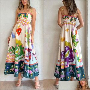 Grundläggande avslappnade klänningar 2023 Australisk designer Fancy Womens Long Dress Abstrakt mönster samlade midja ärmlös halterkläder Wome Otrjp