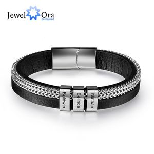 Bangle Personalized Metallic Chain Leather Bracelet with 3 Engrave Name Beads Customized Bracelets for Men Christmas Gifts Father 231023