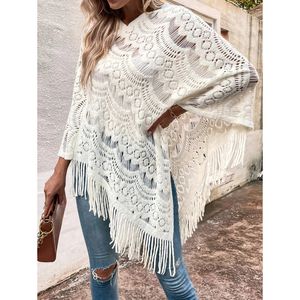 Kadınlar Cape Kadın Ceketleri Kadın Sonbahar Sweaters Poncho Örgü Pelerinler Ploak Sweater v yaka düzensiz etek püsküllüler kaplama örtüsü Out Örgü Tulma 231023