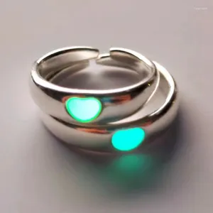 Cluster Rings Glow In Dark Ring Luminous Blue Pink Light Love Heart Couples Egirls Silver Color Jewelry Adjustable Size Fashion