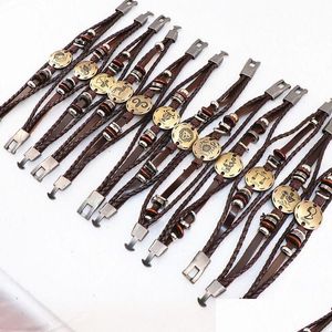 Bangle Wholesale 36Pcslot Twee Constellations Leather Bracelet Retro Brown Mtilayer Buckle Punk Woven Zodiac For Men Wome 230710 Dro Dhst5