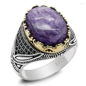 Cluster Rings Sterling Silver 925 Ring Men And Women With Natural Purple Dragon Stone Turkish Handmade Trend Design Punk Exquisite Jewelry