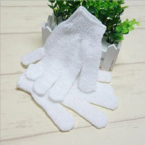 Luvas de banho de alta qualidade para limpeza corporal Luvas de banho de nylon branco Luva de banho esfoliante com cinco dedos Paddy Fibra macia Massagem Luva de banho Limpador