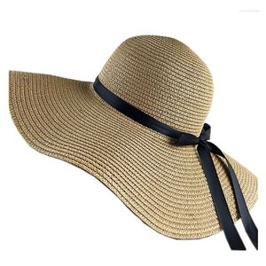 Chapéus de borda larga feminino grande chapéu de sol flexível dobrável bowknot palha verão praia