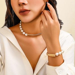 Necklace Earrings Set Simple Gold White Pearl Choker & Bracelet Bead Jewelry For Women Party Wedding Accessories