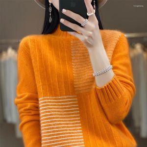 Kobiety swetry dla kobiet jesienna zima przybycie 100 czysty sweter kaszmirowy pół golowego blok kolorowy dzianin pullover luźne dopasowanie wszechstronne