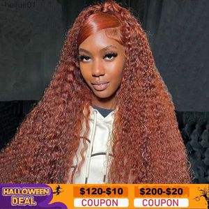 Synthetic Reddish Brown Wave Front 13x6 13x4 HD Transparent Deep Curly Frontal Human Hair Wigs Fall Color Lace Wigsl231024