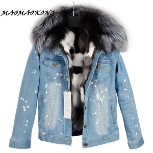 Women's Wool Blends Real Fur Lining Denim Jacket Coat Parkas100 Large Raccoon Collar Women Winter 231023
