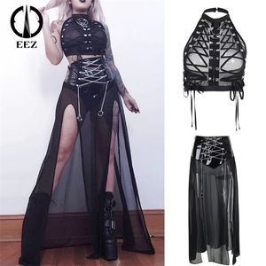 Röcke Reißverschluss hinten Lackleder Kette Kreuz und quer Schnürung Schwarzer geteilter Rock Damen Durchsichtiges Neckholder-Korsett Kokette Mesh-Crop-Tops 231023