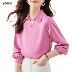 Camicette da donna NAVIU Camicia rosa di fascia alta da donna 2023 Moda autunnale Temperamento con scollo a V formale da ufficio da donna Top da lavoro bianco