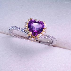 Cluster Rings 925 Silver Platinum Natural Heart Form äkta Amethyst Adustable Open Band Ring Gemstone Bridal Engagement Smycken